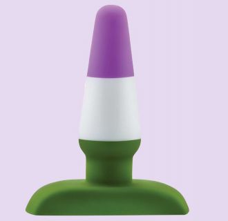 purple, white, and green striped plug dildo with a base on a lavender background