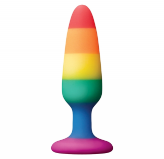 smaller sized rainbow-colored anal plug on white background