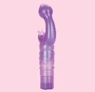 purple wand-style vibrator with a bulbous head, standing view on pink background
