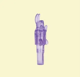purple wand-style vibrator in the shape of a rabbit on yellow background